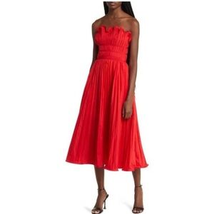Moon River Red Strapless Pleated Midi Dress